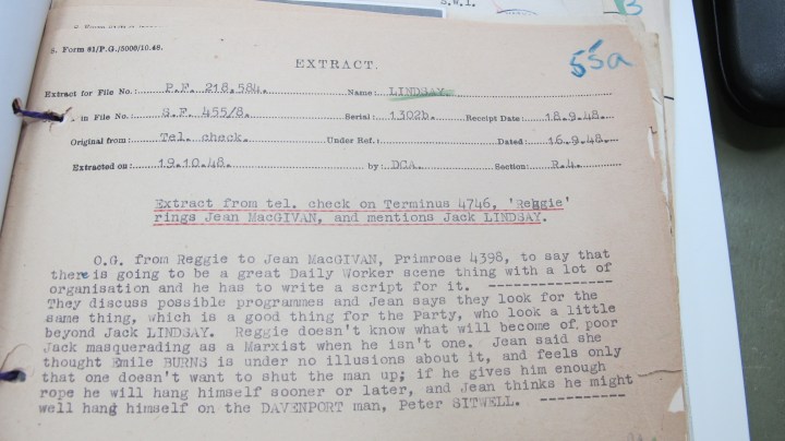 Mi5 Report on telephone call that mentions Jack Lindsay