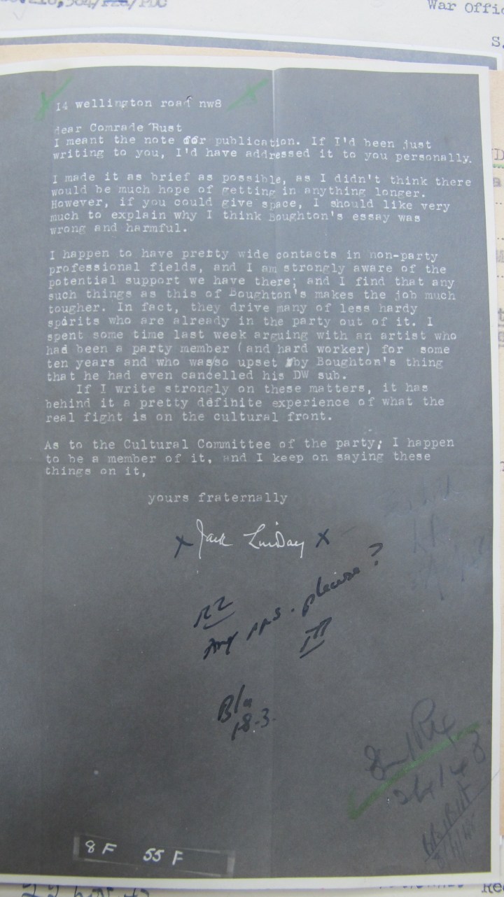 Mi5 Report on Jack Lindsay Letter to "Comrade Rust"
