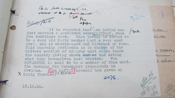 Mi5 Report on marriage between Ann Davies and Jack Lindsay 18 October 1944