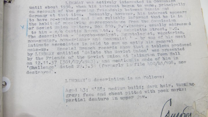 Jack Lindsay Metropolitan Police Report