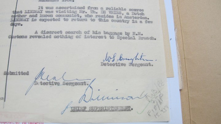 Jack Lindsay Metropolitan Police Report Signatures