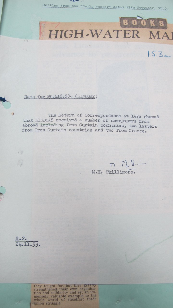 Jack Lindsay Mi5 Intercepted Letter Report 24 November 1953